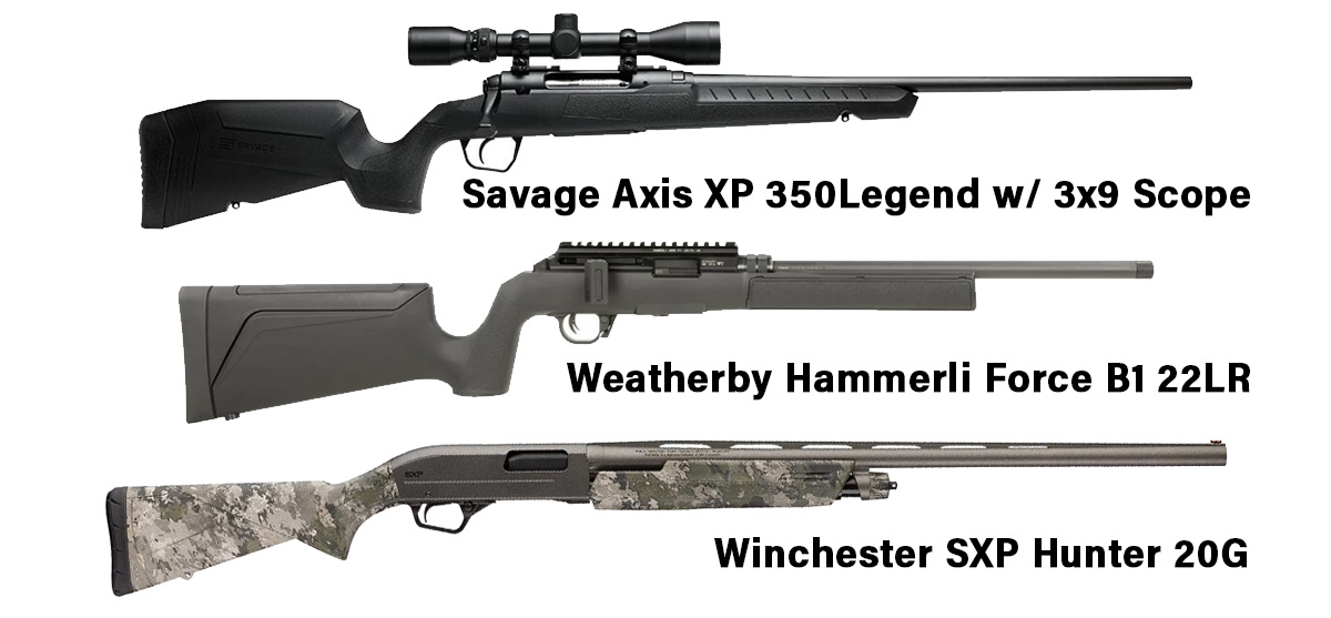 2026 Firearms for Door Prize and Raffles, Winchester SXP Hunter 20g, Weatherby Hammerli Force B1 22LR, Savage Axis XP 350Legend w/ 3x9 Scope