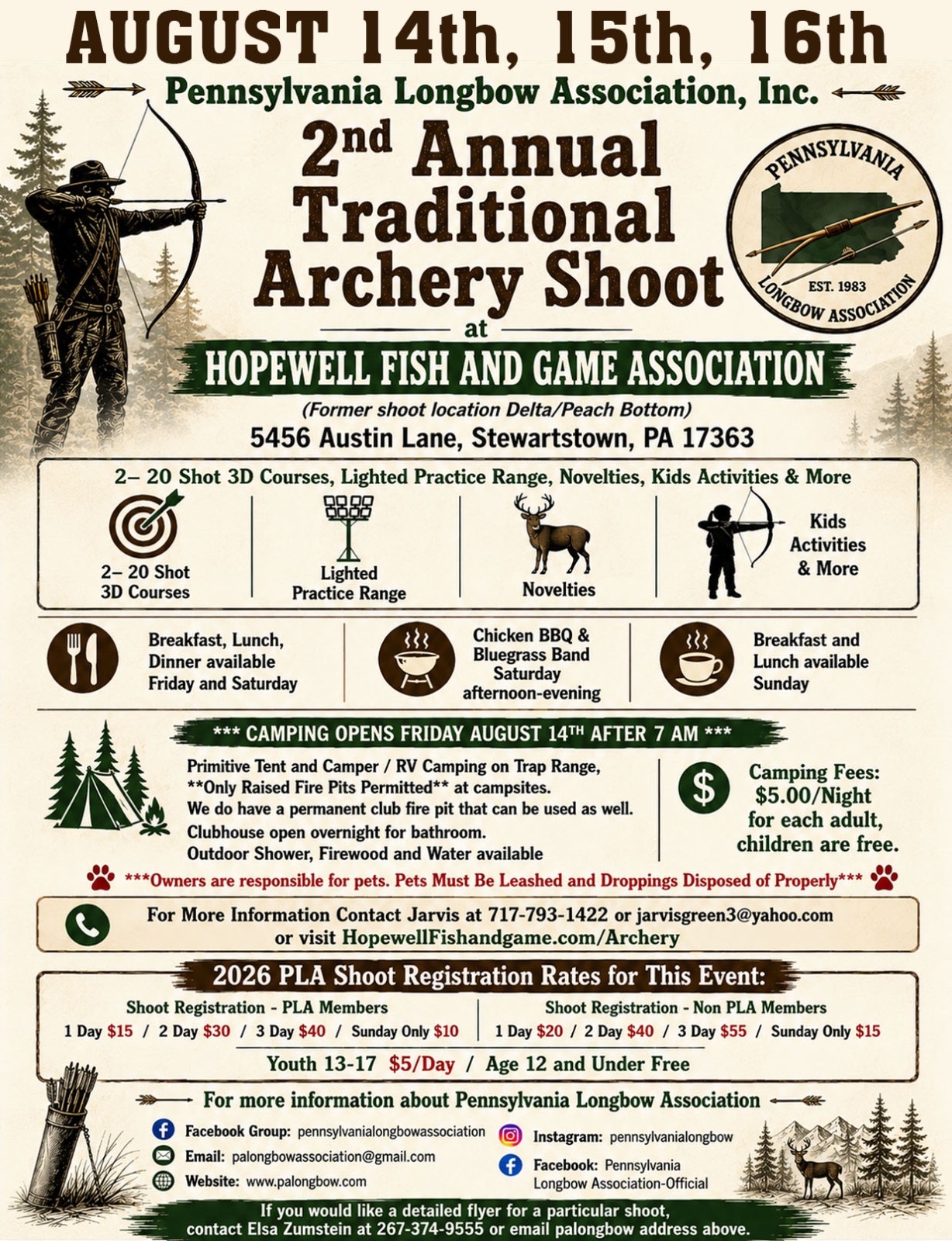 Pennsylvania Longbow Traditional Archery Shoot at HOPEWELL FISH AND GAME ASSOCIATION AUGUST 14th, 15th, 16th at 5456 Austin Lane, Stewartstown, PA 17363
